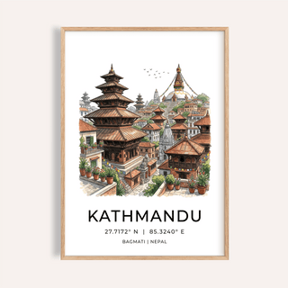 Illustrated Kathmandu skyline poster with pagoda temples and stupa