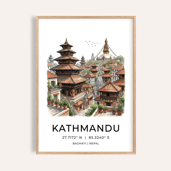Illustrated Kathmandu skyline poster with pagoda temples and stupa