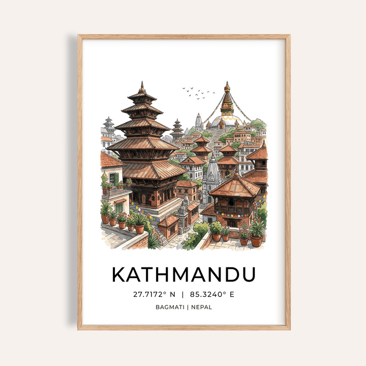 Illustrated Kathmandu skyline poster with pagoda temples and stupa