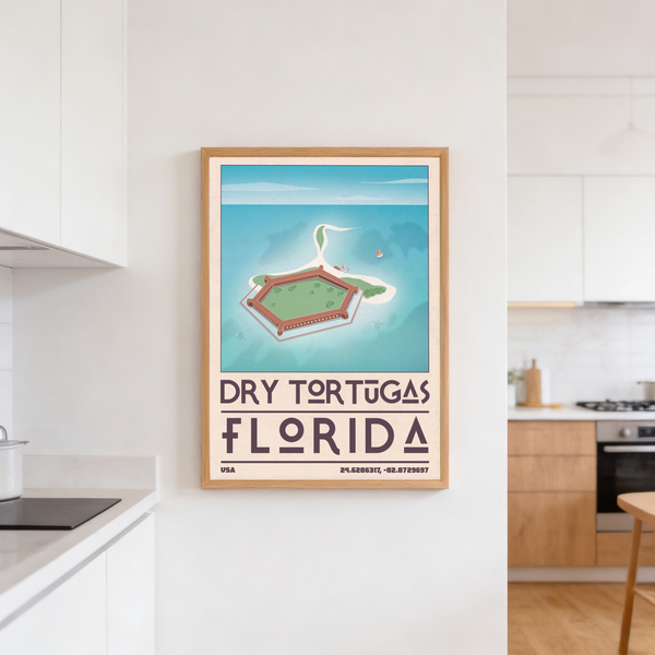 Vintage travel artwork of remote Florida island fort from above