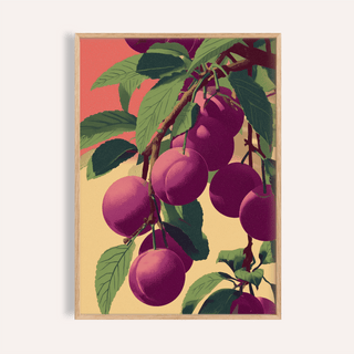 Framed Plum Poster close-up showing purple plums on branches with green leaves on a muted background