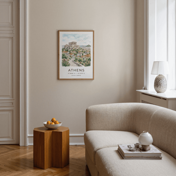 Illustrated Athens Art Print showing the Acropolis above tiled rooftops and cypress trees