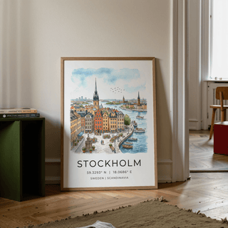 Travel-style Stockholm wall art print with skyline, spires, and curved shoreline