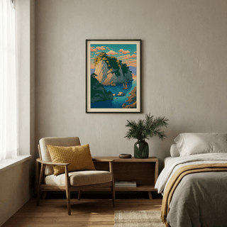 Centered shot of Hasui Kawase coastal print with cliff cove and sailboat on water