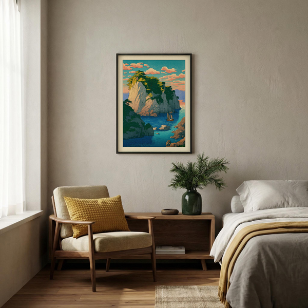 Centered shot of Hasui Kawase oastal print with cliff cove and sailboat on water