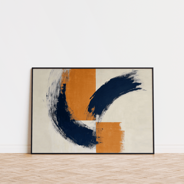blue orange wall poster, expressive brushwork, dining room abstract art print