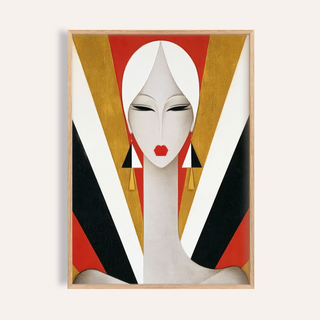Framed view of Art Deco Woman Portrait Print poster with stylized face and geometric panels