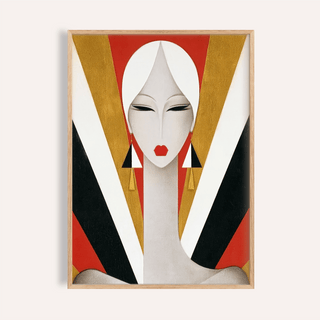 Art Deco Woman Portrait Print framed close-up with gold red black and white colours
