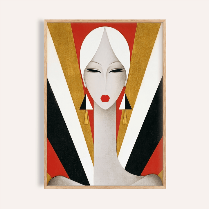 Framed view of Art Deco Woman Portrait Print poster with stylized face and geometric panels