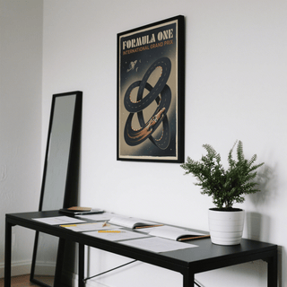 Displaying vintage-style race car poster with striped curb details