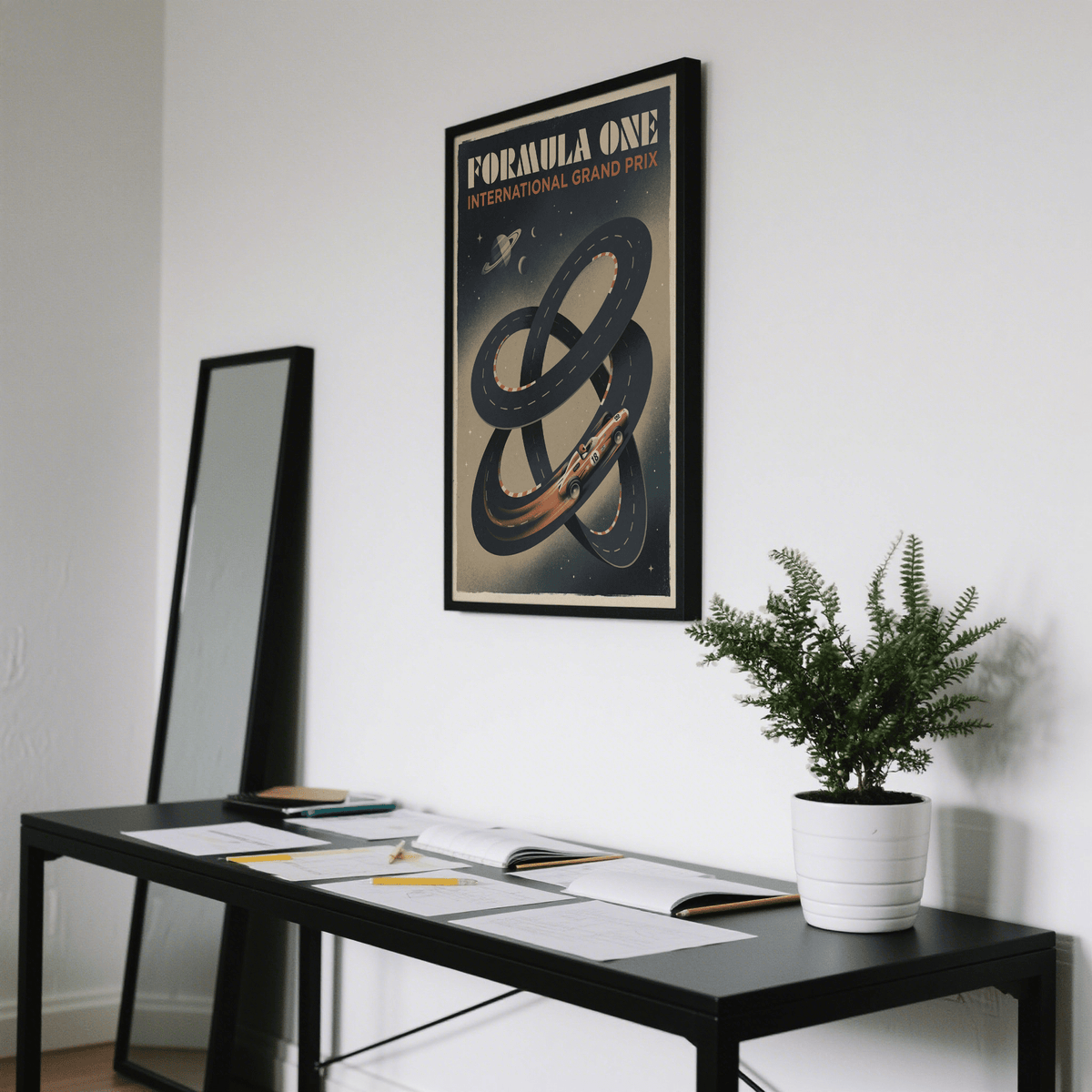 Displaying vintage-style race car poster with striped curb details