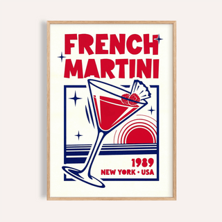 French Martini Art Print with Blue and Red for kitchen wall art