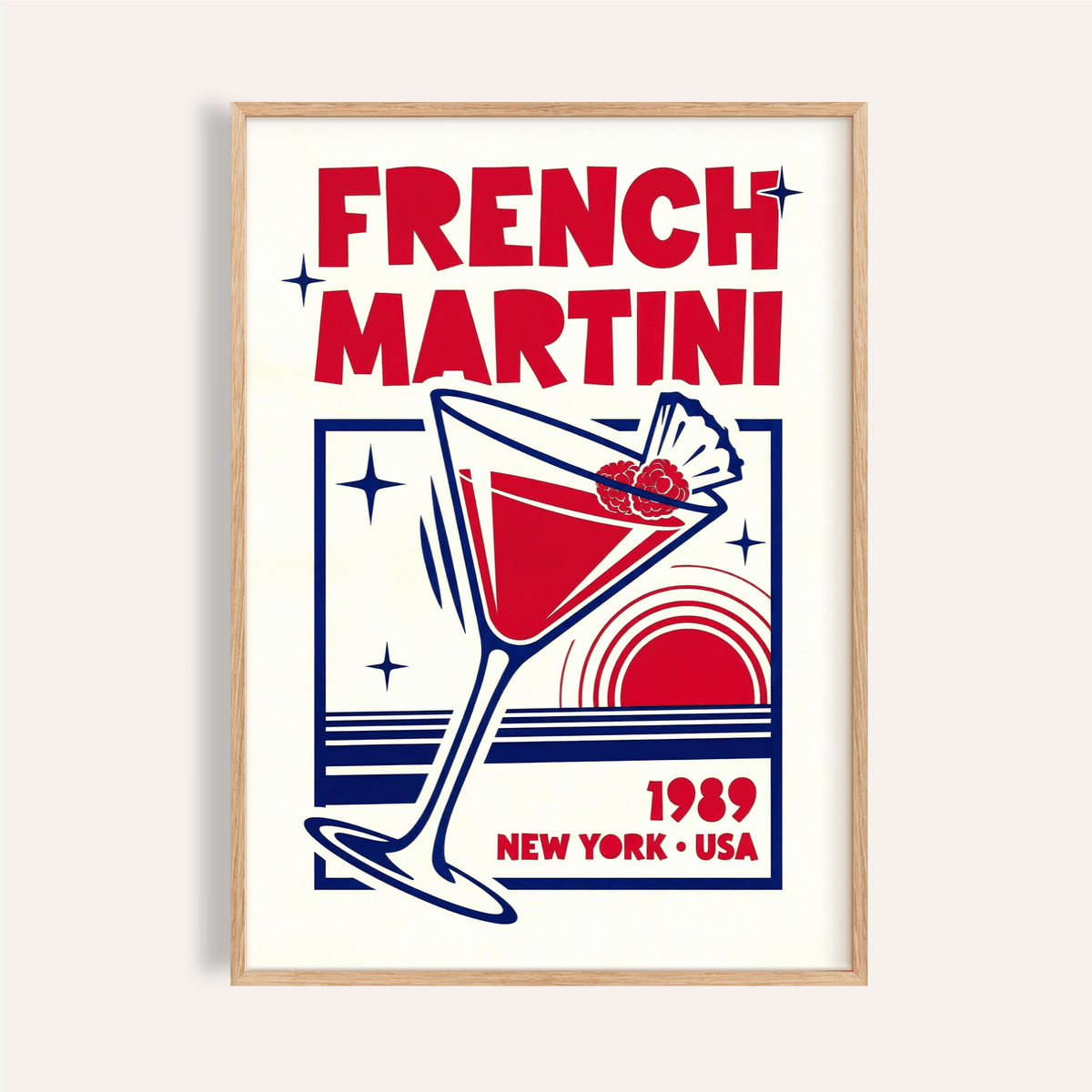 French Martini Art Print with Blue and Red for kitchen wall art