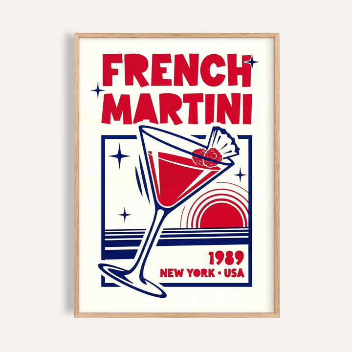 French Martini Art Print with Blue and Red for kitchen wall art