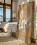 Bold Love Wall Art script with blue, white, beige for loft spaces