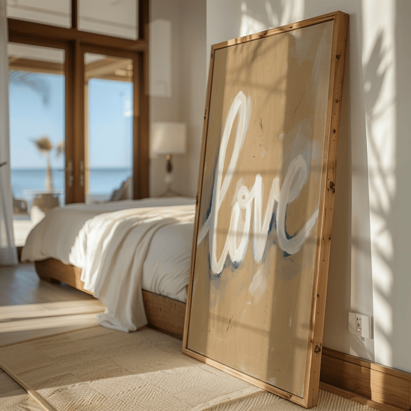 Bold Love Wall Art script with blue, white, beige for loft spaces