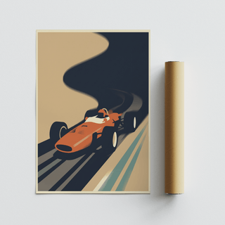 Stylized Motorsport Wall Art print with a race car and sweeping curve