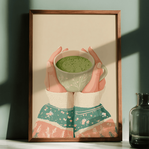 Serene Matcha Tea Art Print with green and cream, great for hallway