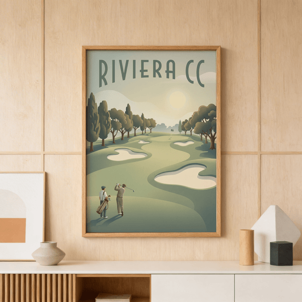 Two golfers watching a swing beside curved fairway and bunkers under soft sun