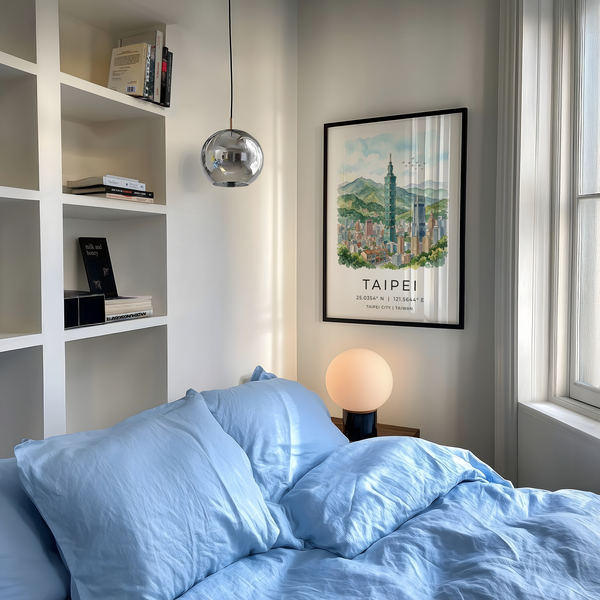 Landscape-style Taipei City Art Print with watercolor wash, mountains, and skyline