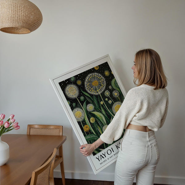 Modern floral wall art showing textured petals and swirling leaves.