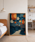 Overhead lantern decor poster featuring textured paper lantern shapes and stall canopies