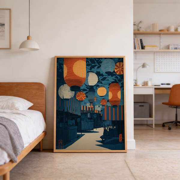 Overhead lantern decor poster featuring textured paper lantern shapes and stall canopies