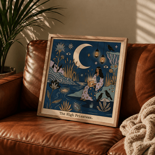 Mystical tarot card wall art with water plants, fish, and star motifs