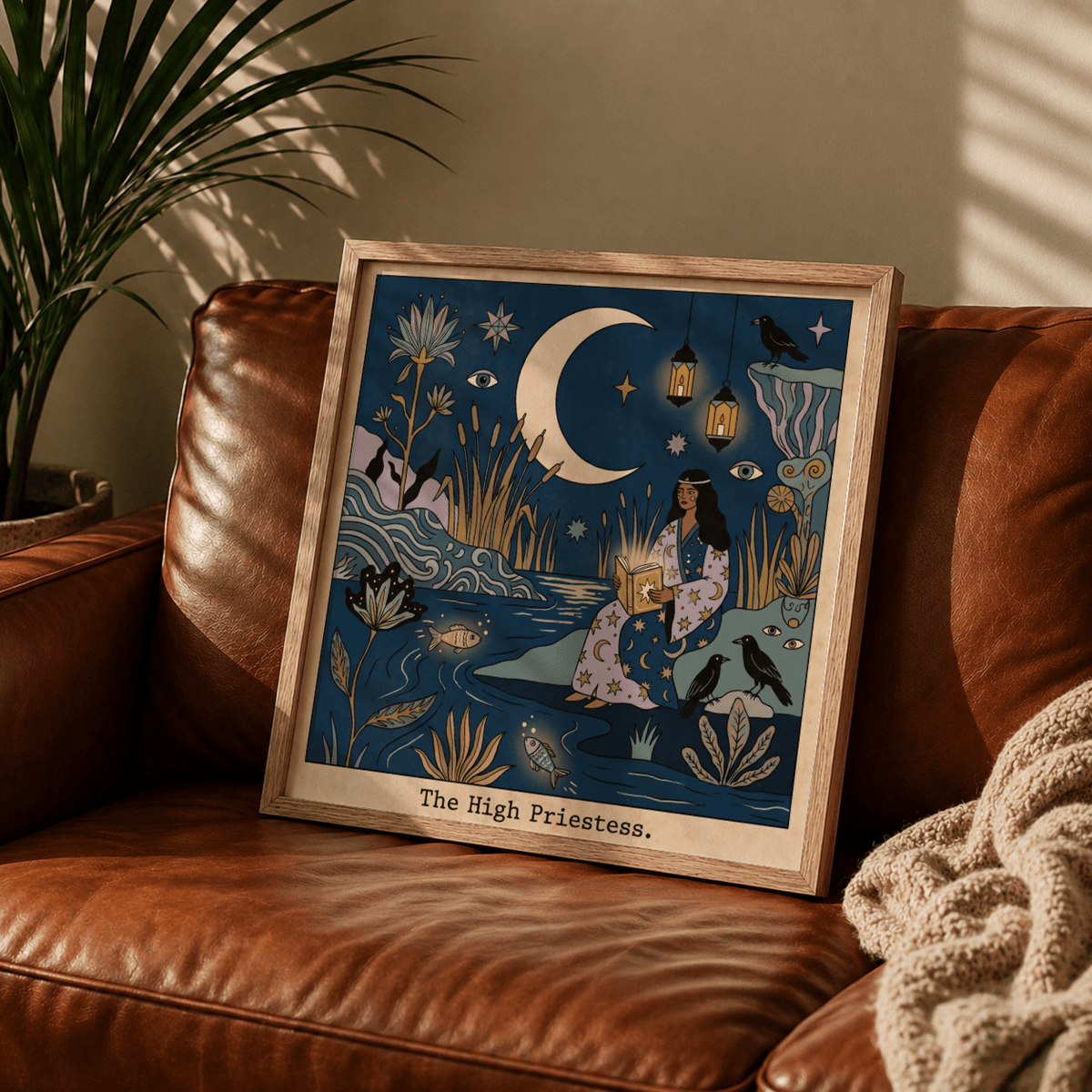 Mystical tarot card wall art with water plants, fish, and star motifs