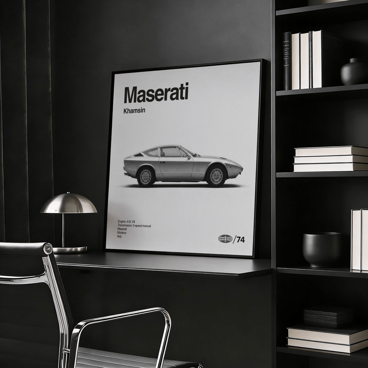 Classic Maserati Khamsin Poster with Gray and Black tones for office decor