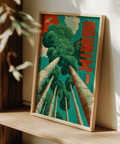 Japanese Tree Art Print designed with Green, Blue, Red palette for minimalist living room decor