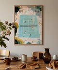 Graphic Tennis Game Art Print with overhead court lines, net, and players arranged across the surface