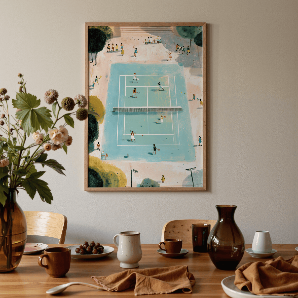 Graphic Tennis Game Art Print with overhead court lines, net, and players arranged across the surface