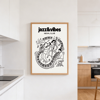 Typographic music poster with jazz&vibes headline and illustrated musicians