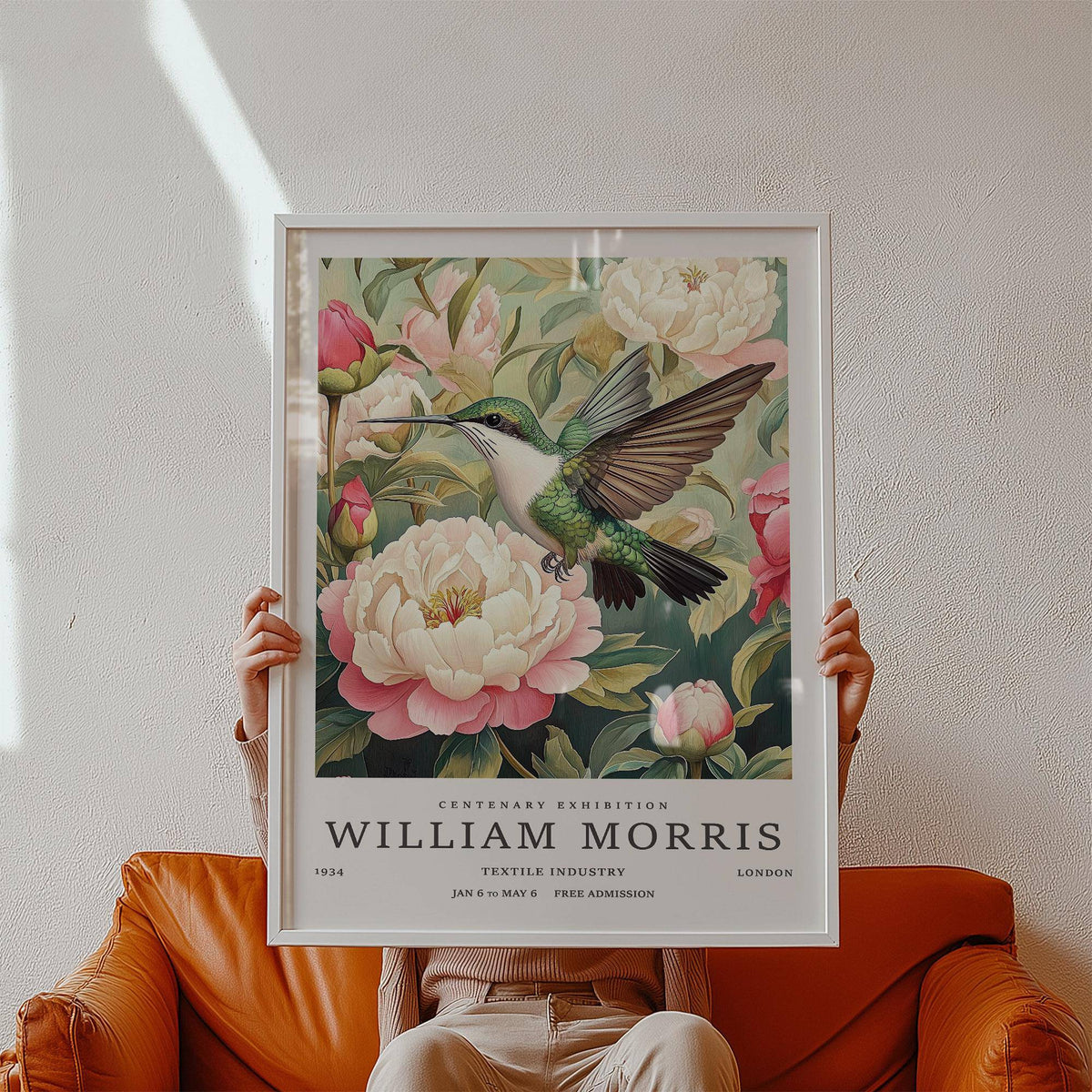 Soft-tone hummingbird prints featuring blooming peonies for living room art