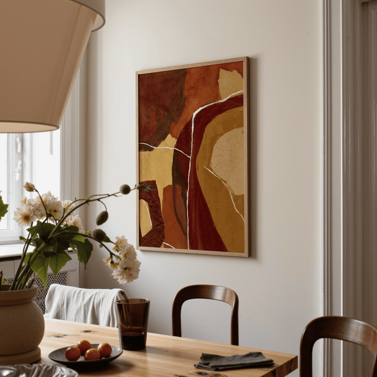 Abstract Earth Tones Print with organic shapes in orange for stylish living room