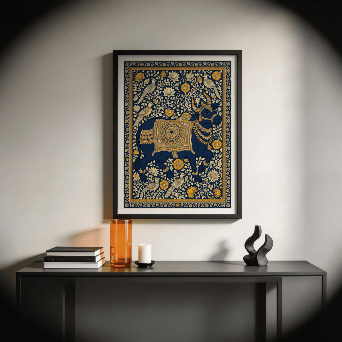 Floral vine Indian Art Print of decorated bull profile