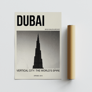 Studio shot of Burj Khalifa Art Print showing black-and-white city landmark poster design