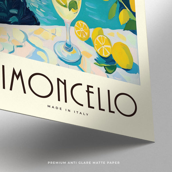 Painterly poster of limoncello by seaside cliffs