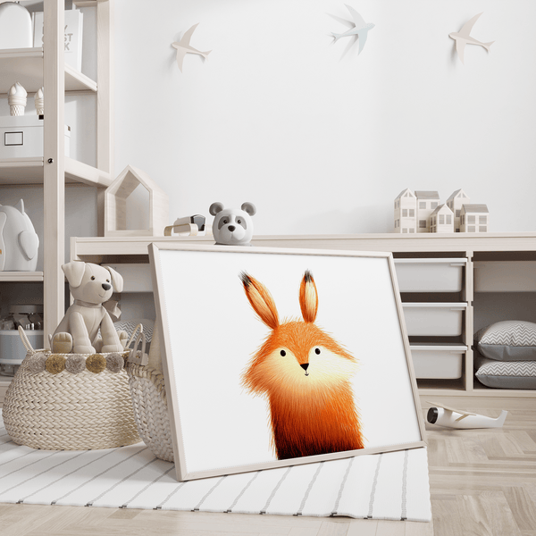 Cute Fox Poster in Brown and White, playroom decor art print