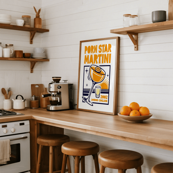 Bold Orange and Blue Porn Star Martini Print for dining room decor
