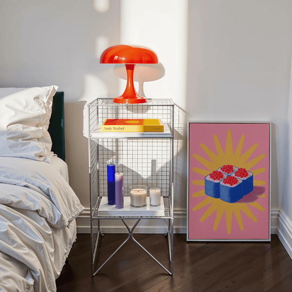 Sushi Poster art print, dining area, Blue, Yellow, Pink color scheme