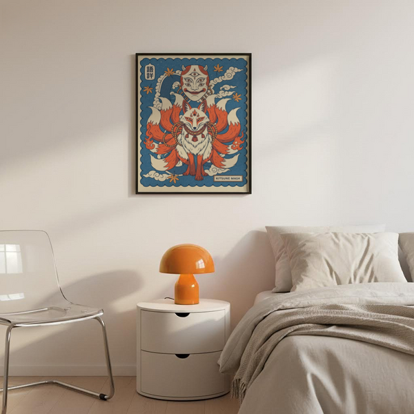 Symmetrical scalloped border design featuring multiple eyes on horned mask