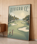 Stylized golf course print featuring layered greens, blues, and beige sand traps