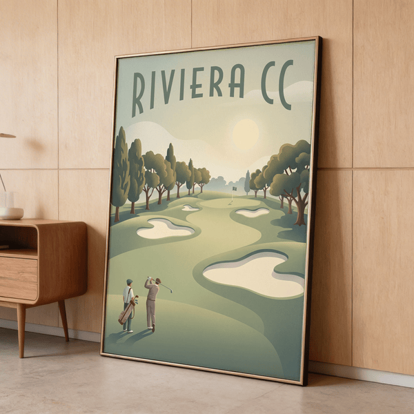 Stylized golf course print featuring layered greens, blues, and beige sand traps