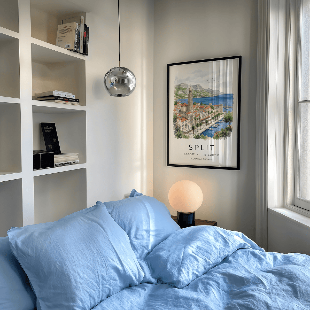 Scenic Split city illustration print with mountain range, bay water, and rooftops