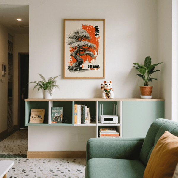Living room wall art featuring Cherry Blossom Tree Poster in Orange and Black