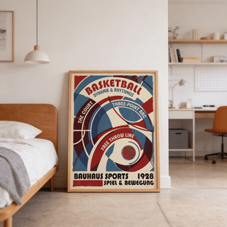 Red and blue concentric arcs forming an abstract basketball court spiral on poster