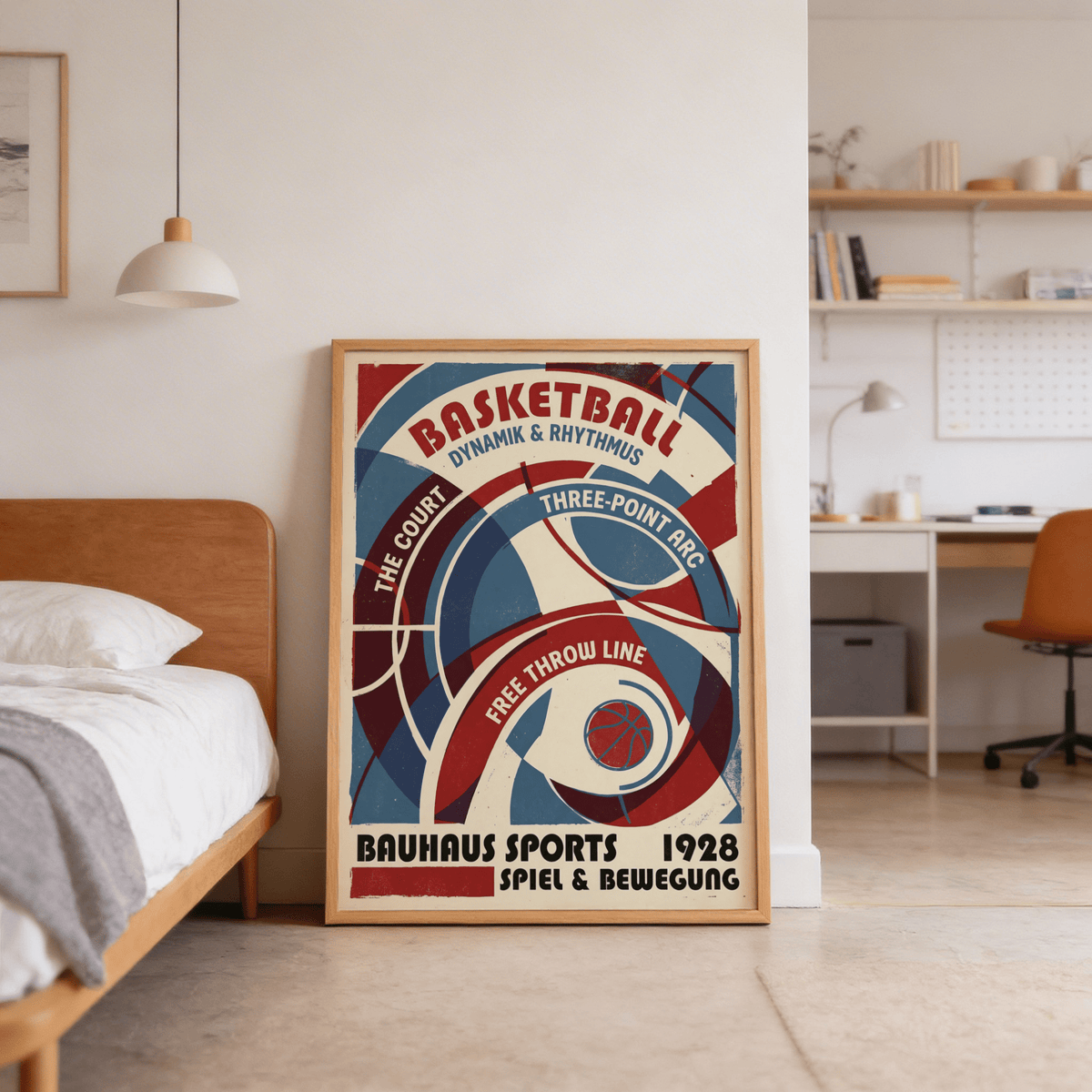 Red and blue concentric arcs forming an abstract basketball court spiral on poster