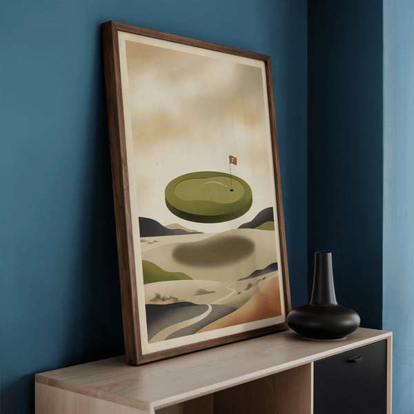 Showing Abstract Golf Wall Art print with central green and soft landscape silhouettes
